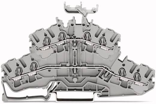 A grey electrical terminal housing with multiple connection options and a central cavity, used in electronic wiring.