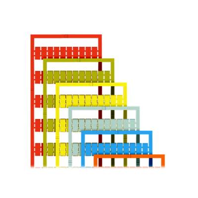 Six colourful rectangles in descending size, arranged from back to front: red, green, yellow, light blue, yellow, and blue.