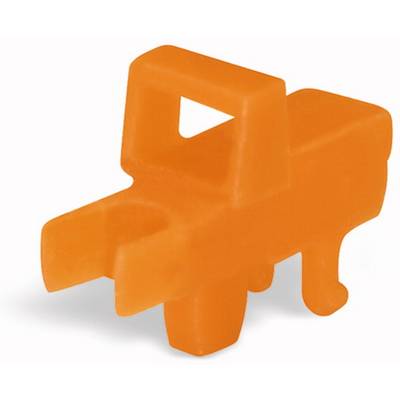 An orange plastic block in the shape of a stylised animal or toy with four legs and a handle on its back.