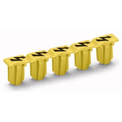 Five yellow protective caps with black arrows used for marking connection points in an electrical switchgear installation.