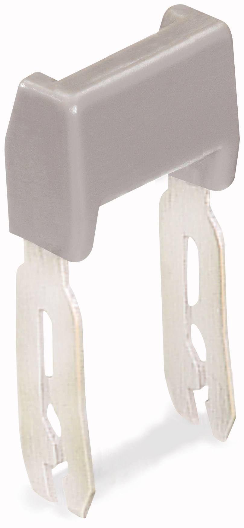 A grey flat fuse holder with two metal contacts, for connecting fuses in electrical systems.