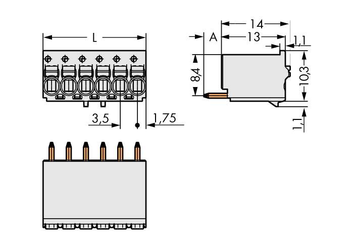 Technical drawing of an electrical connector with dimensions in millimetres, including length and width specifications.