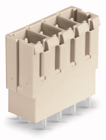 A beige connector with five pins, vertically oriented. Suitable for electronic connections on printed circuit boards.