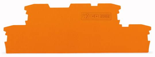 An orange terminal block end cover with the inscription 'WAGO 2002', used for covering electrical terminals.