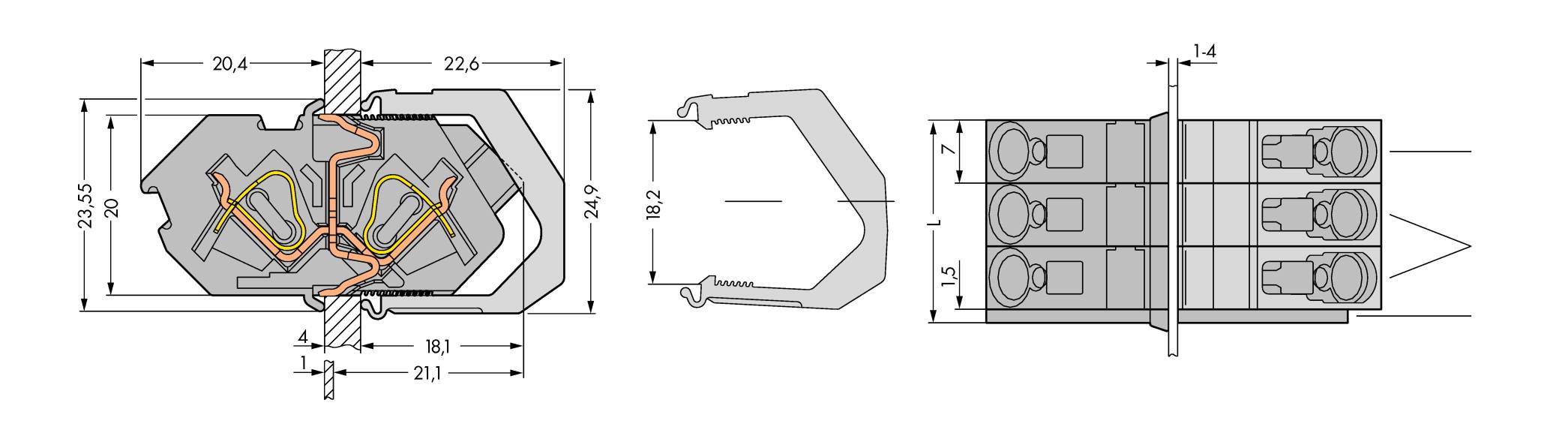 Technical drawing of a connector with dimensions. Cross-section and side view show details of internal structures and contacts.