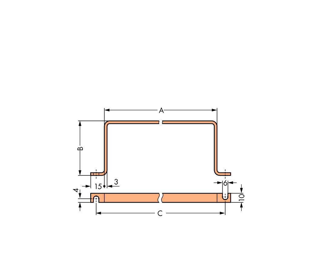 Technical Drawing of a C-shaped Metal Profile with Dimensions: Width at top 'A', Height 'B', Width at bottom 'C'. Dimensional measurements in millimetres.