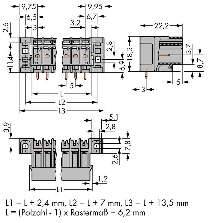Technical drawing of a connector with dimensions in millimetres. Side view and top view show socket outlets and pins.