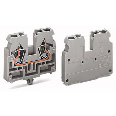 Terminal block with side-entry connection, designed to be connected with both hands, featuring grooves for cable connection, indicated by a grey outer surface and internal metal components.