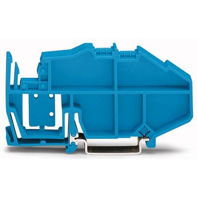 Cross-section of a blue plastic enclosure with multiple chambers and mounting points, potentially part of an electrical device.