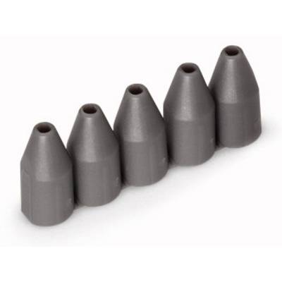 Five grey silicone attachment tips in a row.