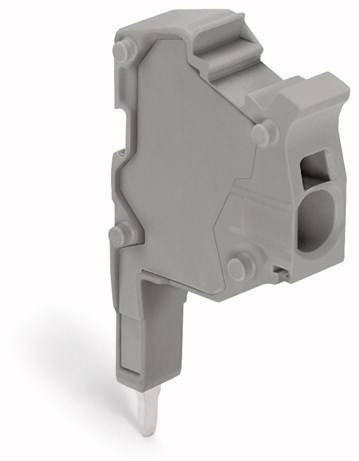 A grey plastic terminal block, shown from the side, with a wire connection and multiple mounting points.