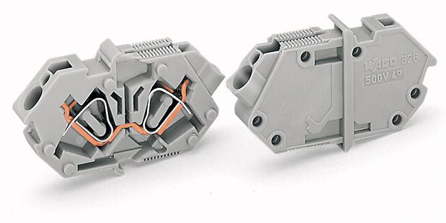 Two grey, rectangular electrical connectors with copper wires and marking '500V'.