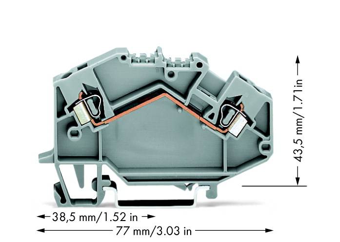 Grey electrical terminal block with illustrated dimensions: width 77 mm, depth 38.5 mm, height 43.5 mm.