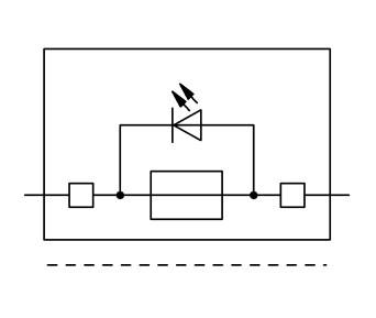 Circuit symbol of an operational amplifier: Rectangle with symbols, electrical connection points and directional arrows at the top.