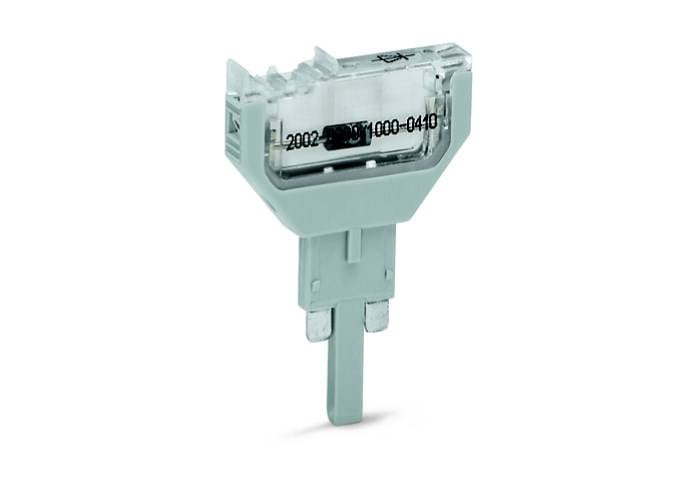 An electrical component in a transparent plastic housing with two metal contacts, with printed numbers visible.