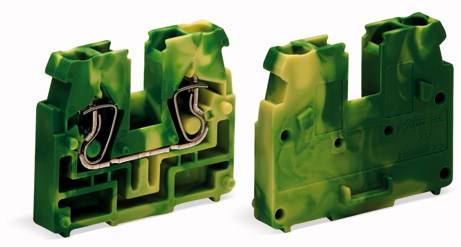 Two green-yellowish electrical terminals; one showing the connection side and the other the rear side, identifiable by metal components.
