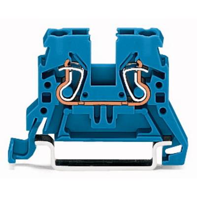 Blue terminal housing with internal metal contacts and a mounting bracket at the bottom. Suitable for electrical connections.