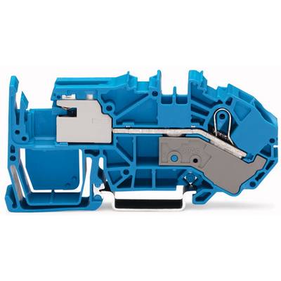 Blue electrical connector, cut open, revealing metal elements, shows the interior structure and design for connection technology.