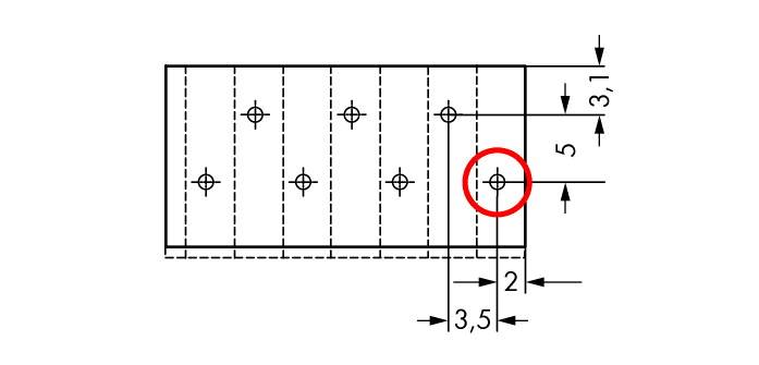 Technical drawing of a component with a hole grid. Highlighted hole in the red circle, dimensions: 5 mm spacing from top, 3.5 mm from the side.