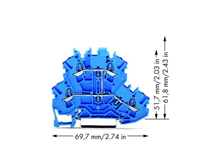 A blue, structured object with dimensions: 69.7 mm width, 61.8 mm height. Displays technical details with arrows and measurement annotations.