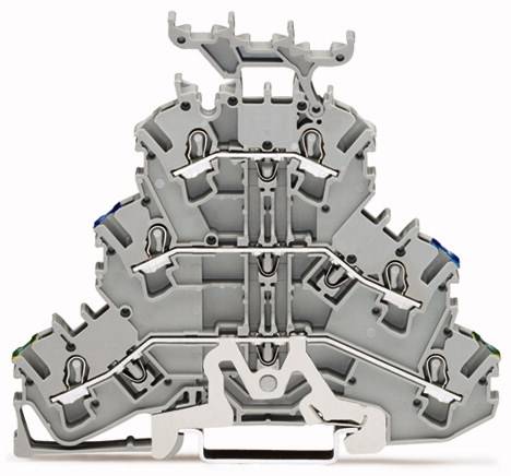 Cross-section of a grey electrical connector with multiple connection levels and clamp elements for securing.