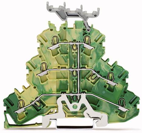 Cross-section of a green and yellow electrical terminal block, connecting and insulating wires. Main components are visible.