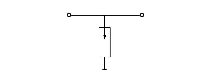 Electrical schematic symbol of a transistor with an arrow pointing downwards, symbolising current flow. Connects two endpoints at the top with a connection at the bottom.