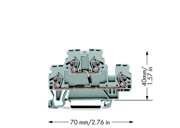 View of a two-tier connector with six terminals and illustrated dimensions: width 70 mm (2.76 inches), height 40 mm (1.57 inches).