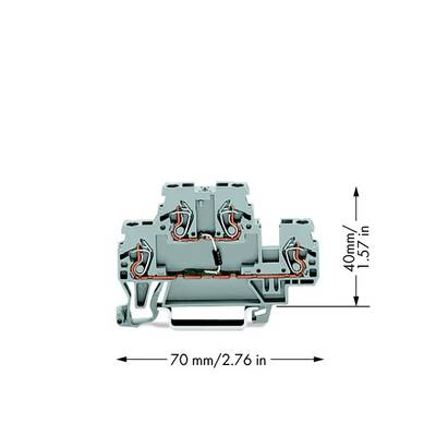 View of a two-tier connector with six terminals and illustrated dimensions: width 70 mm (2.76 inches), height 40 mm (1.57 inches).