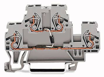 Grey terminal block component with multiple connections and metallic contacts, presumably for electrical wiring.