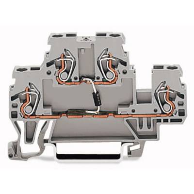 Grey terminal block component with multiple connections and metallic contacts, presumably for electrical wiring.