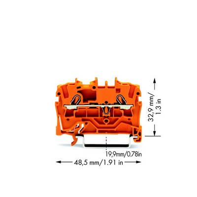 An orange electrical terminal connector with illustrated dimensions: width 48.5 mm, depth 19.9 mm, height 32.9 mm.