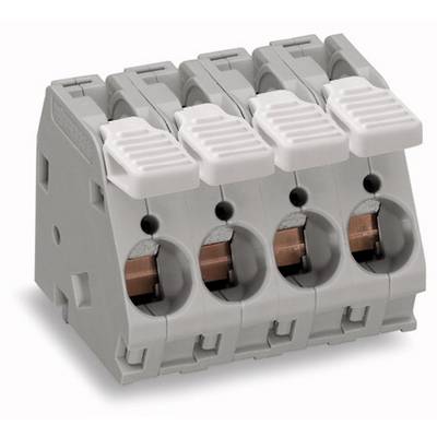 Grey, four-pole cable connector with copper contacts and white push buttons. Used for electrical connections and wiring.