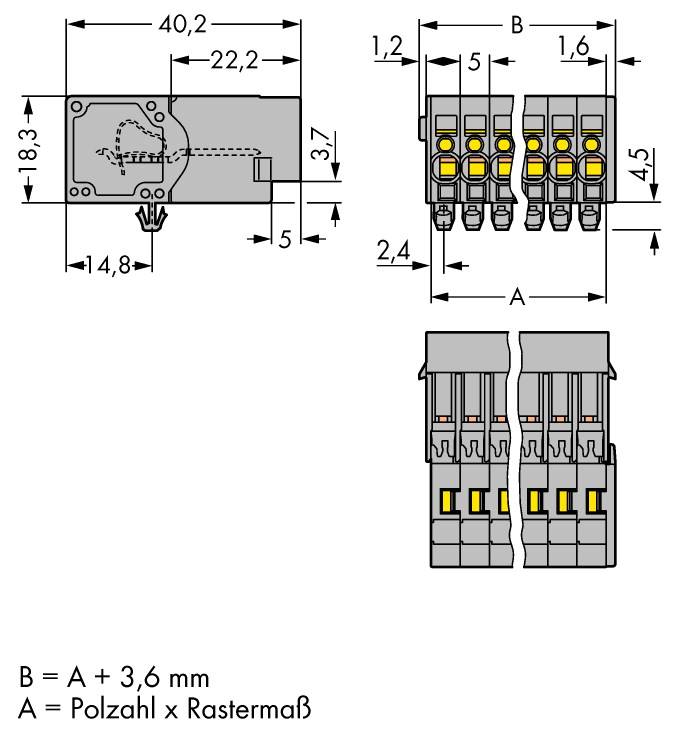 Technical drawing of a multi-socket adaptor with dimensions in millimetres. Shows top view and side view with spacing measurements.