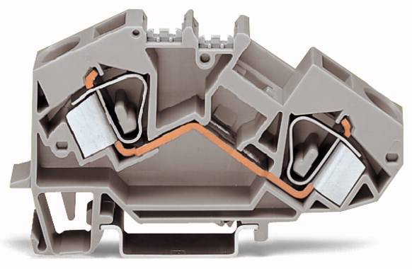 Cross-section of a grey electrical terminal with an internal copper connection. Demonstrates the internal structure of the connection technology.