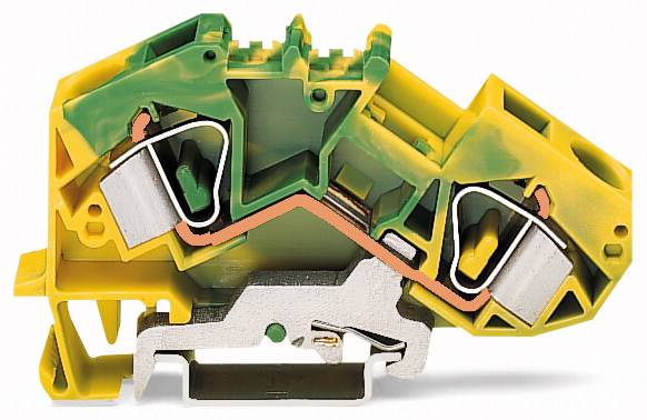 Cross-section of a multi-storey, yellow-green terminal block with metal rails and plastic housing for cable connection in electrical installations.