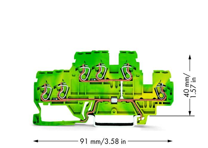 Green terminal block with five connection points, dimensions: 91 mm width, 40 mm height.