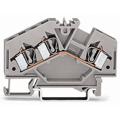 Grey, three-pole electrical terminal block for wiring, showing terminal mechanism and wires arranged in a triangular configuration.