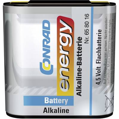 Conrad Energy alkaline battery with 4.5 volts. Product label on the front with blue and yellow design elements.
