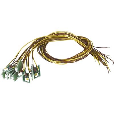 Several small, green electronic circuit boards hanging from long yellow and brown cables.