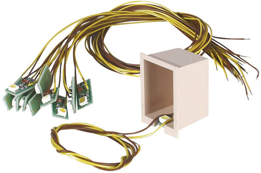 A wooden box with electronic components and cables protruding from the open side. The cables connect various circuit boards with LEDs.