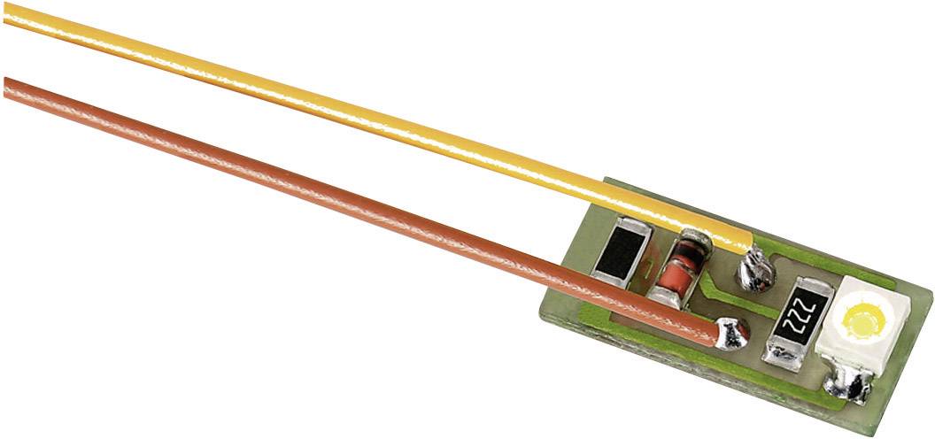 An electronic circuit with red and yellow cable, resistor, diode and an LED on a small circuit board.