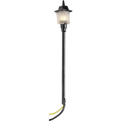 Black lantern with frosted glass, mounted on a tall, slender post, emits soft light. Cable at the bottom end.