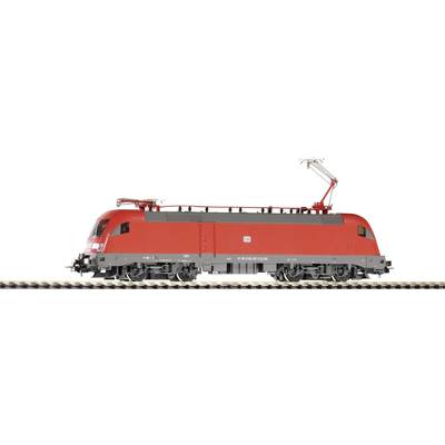 A red model of an electric locomotive on a railway track, side view.