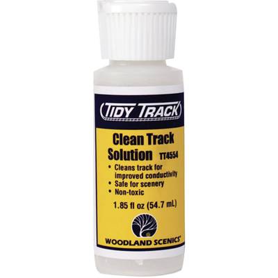 Bottle with the inscription 'Tidy Track Clean Track Solution'. Various benefits are highlighted, including 'Safe for Landscapes' and 'Non-Toxic'.