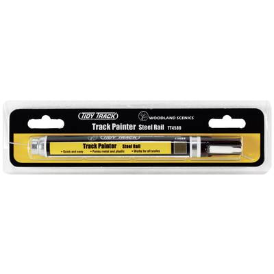 A marker with the inscription 'Track Painter Steel Rail' by Woodland Scenics, packaged in a yellow and black blister pack.