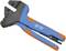 Hand crimping pliers by TE Connectivity, ErgoCrimp model, with blue and orange handles, for precise cable crimping.