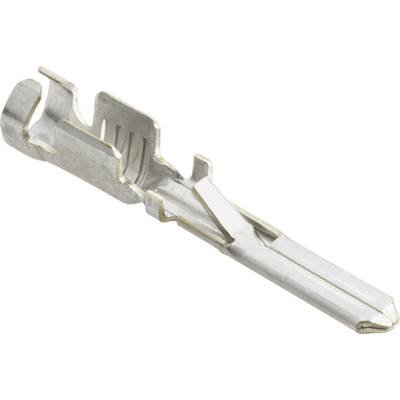 A metal pin for electrical connectors with a flat, ribbed shaft and a rounded end used for securing purposes.