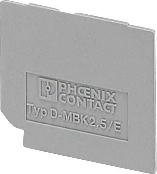 Grey end holder by Phoenix Contact with the inscription 'Type D-MBK 2.5/E', used in electrical control cabinets for securing components.