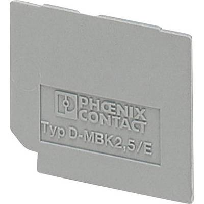 Grey end holder by Phoenix Contact with the inscription 'Type D-MBK 2.5/E', used in electrical control cabinets for securing components.